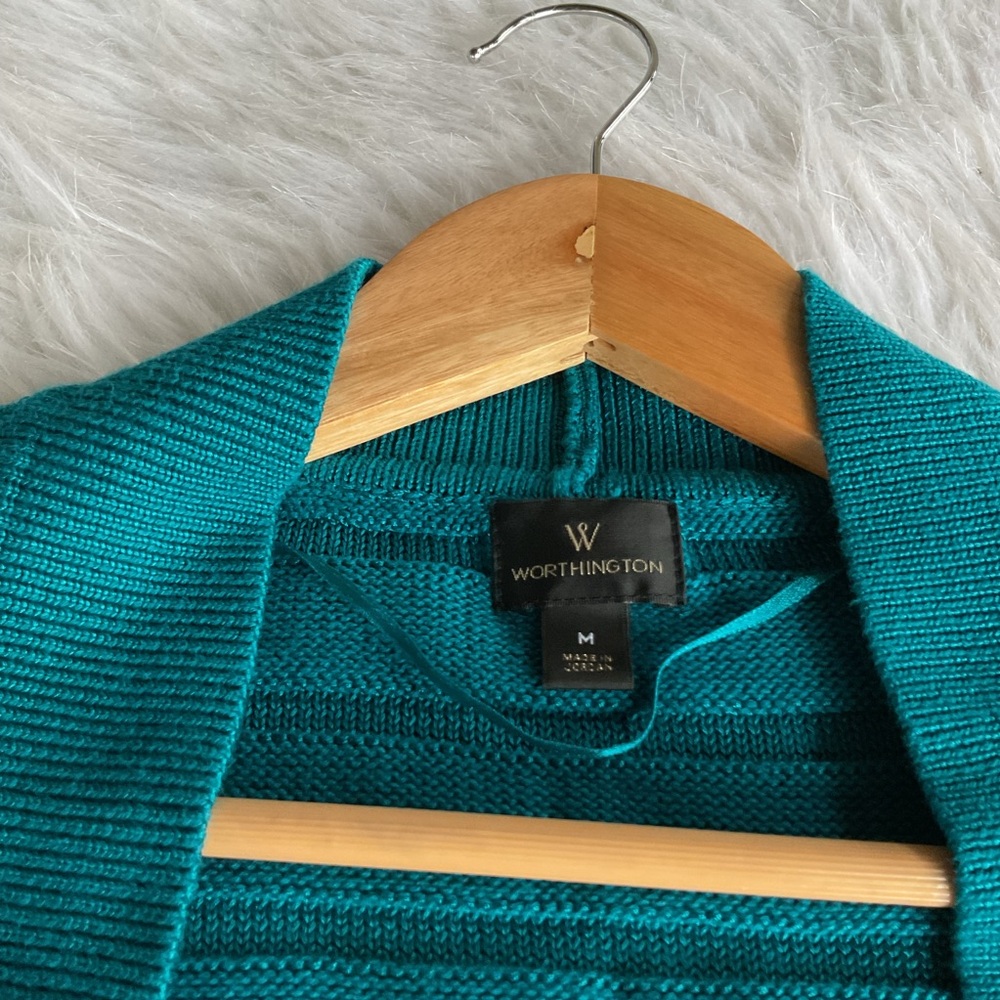 Worthington Sweater Crop Top Green Teal Textured Preppy Business consign Medium - Picture 3 of 4